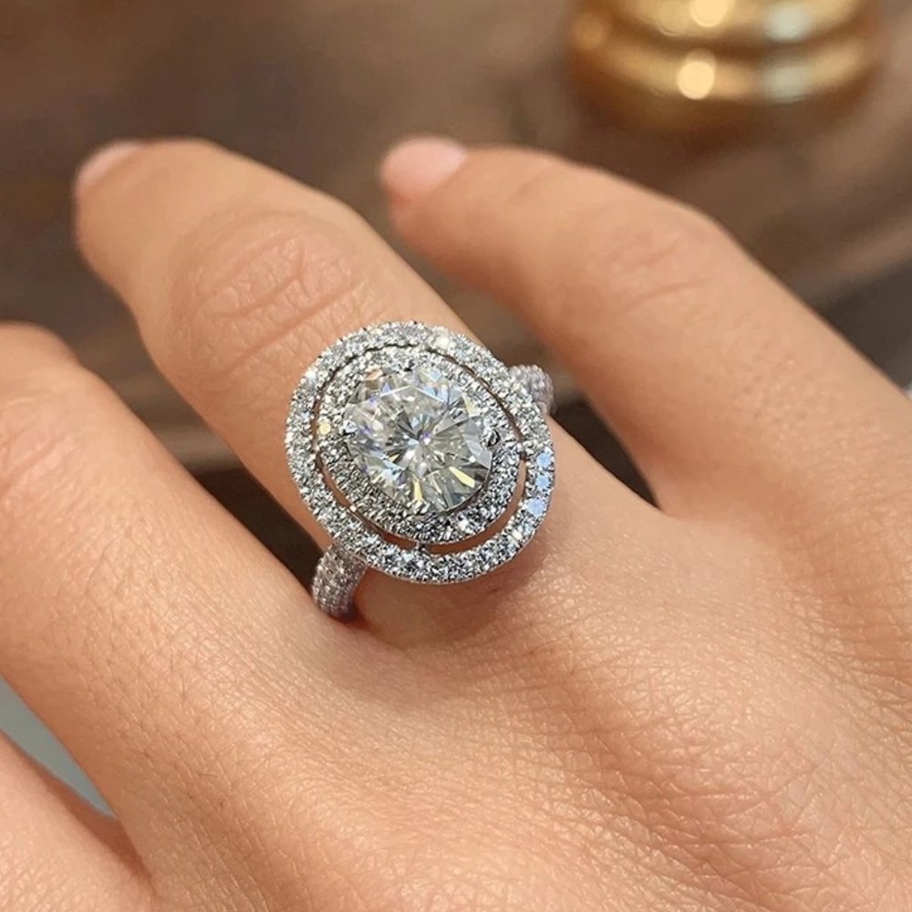 Oval Halo Engagement Ring, CZ Diamond Wedding Ring, Double Halo Promise Ring